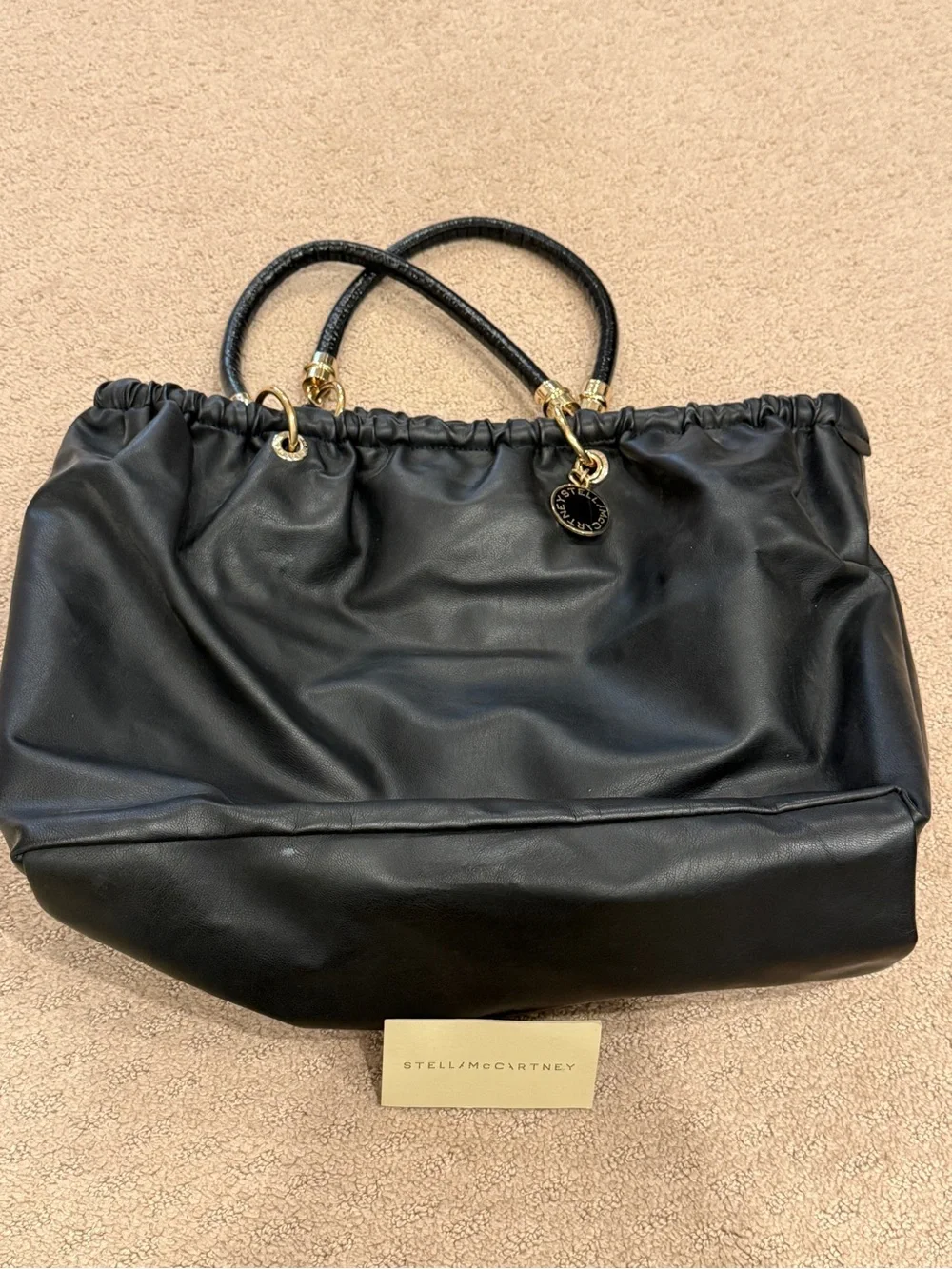 Stella McCartney Black Gathered Drawstring Tote with Gold Hardware - Picture 1 of 8
